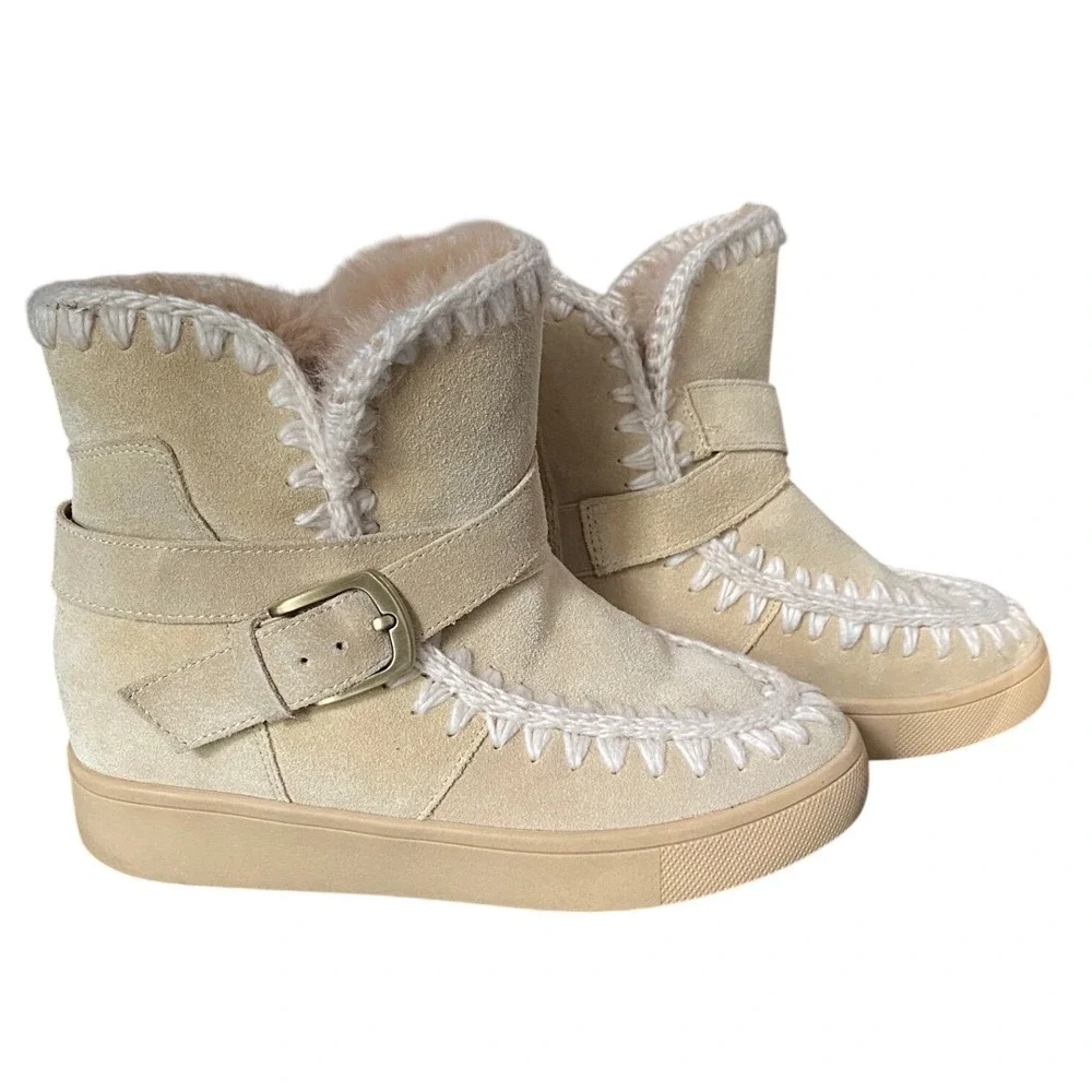 Blondo Anna Waterproof Suede Whipstitch Ankle Boots Beige Faux Fur Buckle Strap